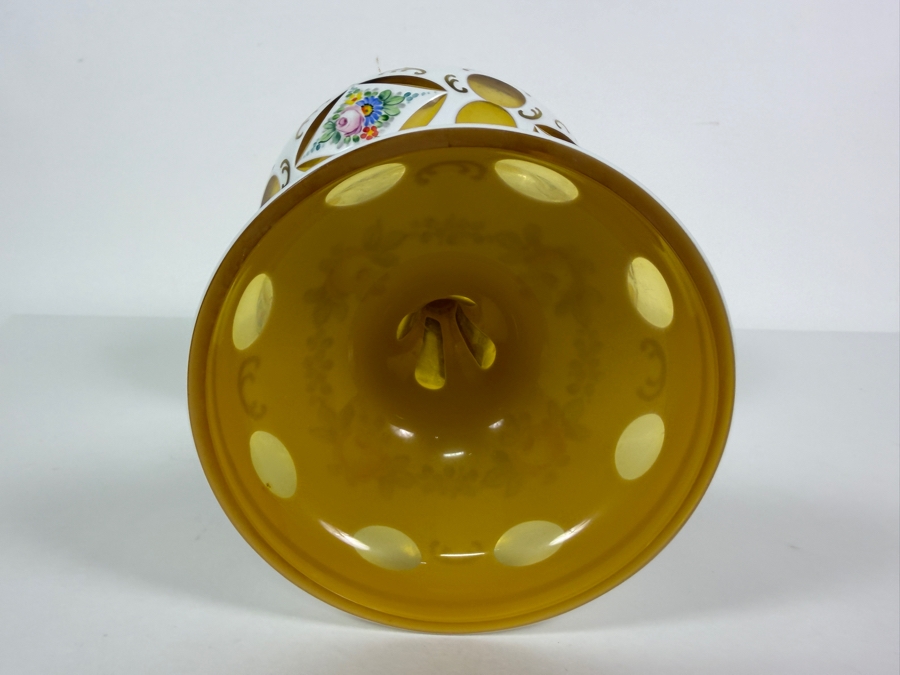 Antique Bohemian Amber Cut To Opaline Glass Footed Compote Bowl With Hand Painted Enamel Flowers 7'W X 8'H [Photo 6]
