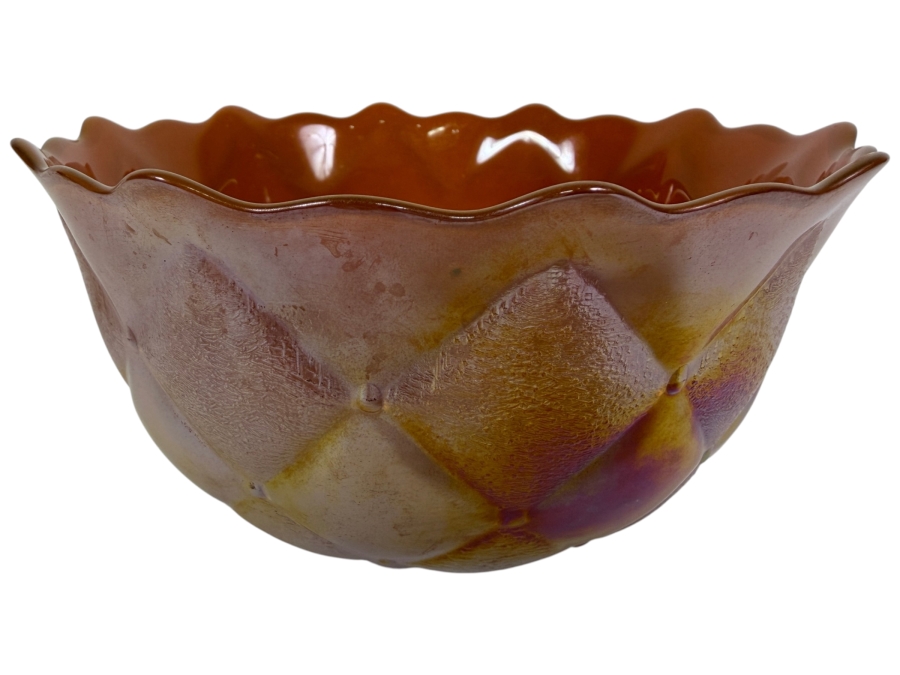 Vintage Fenton Marigold Carnival Glass Diamond Tufted Pillow Pattern Ruffled Bowl 7'W X 3.25'H