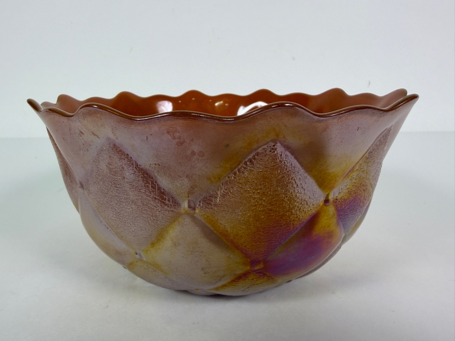 Vintage Fenton Marigold Carnival Glass Diamond Tufted Pillow Pattern Ruffled Bowl 7'W X 3.25'H [Photo 2]