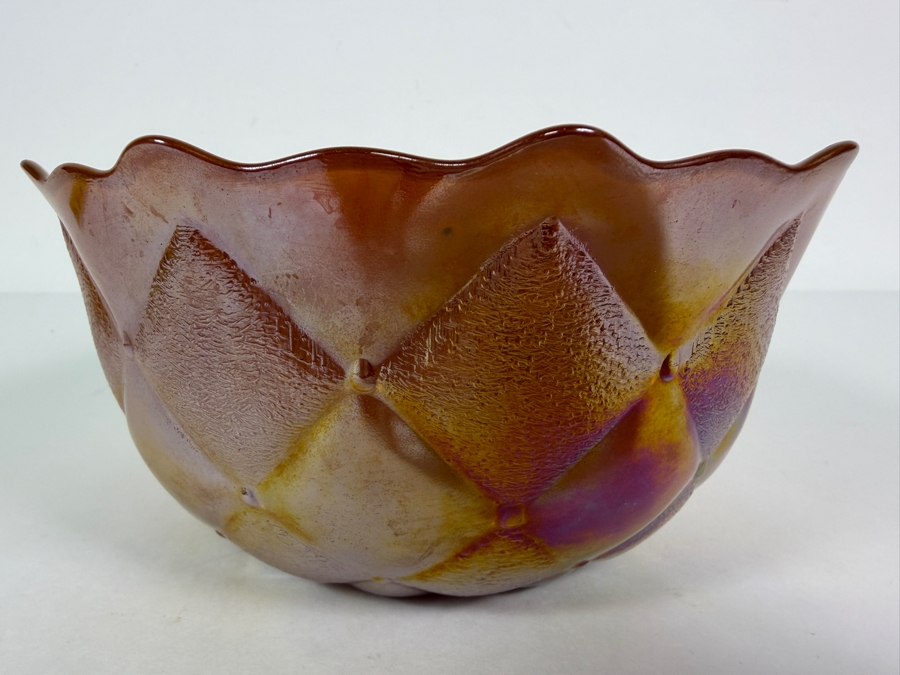 Vintage Fenton Marigold Carnival Glass Diamond Tufted Pillow Pattern Ruffled Bowl 7'W X 3.25'H [Photo 3]