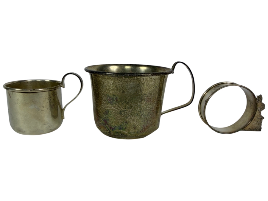 Pair of Child's Sterling Silver Baby Cups and Sterling Silver Napkin Ring 103.2g (Silver Melt Value $200)