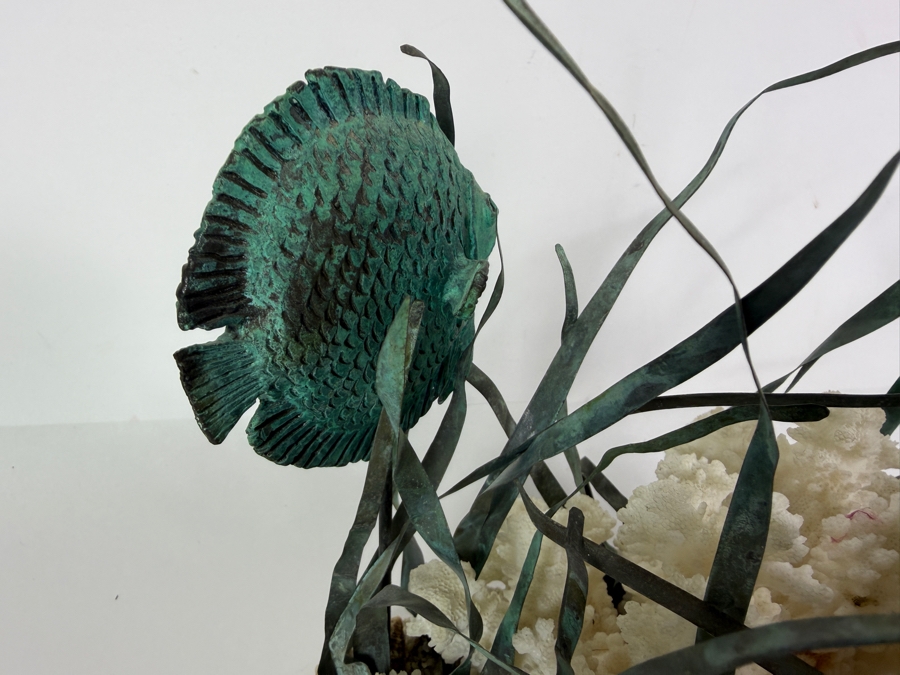 Vintage Mixed Media Patinated Copper And Brass Discus Fish Natural Coral Reef Sculpture 9' X 9' [Photo 4]
