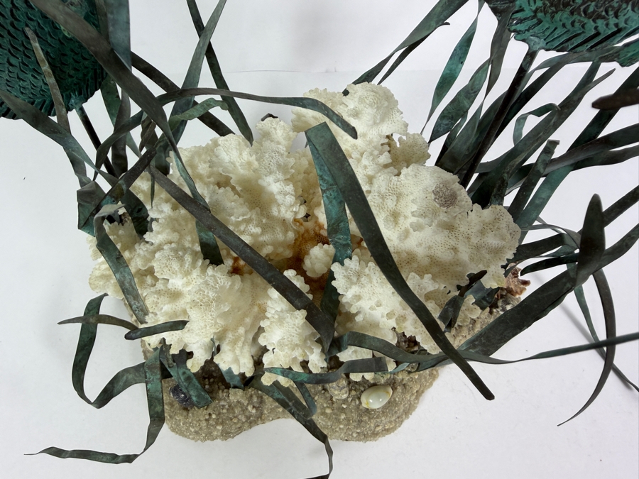 Vintage Mixed Media Patinated Copper And Brass Discus Fish Natural Coral Reef Sculpture 9' X 9' [Photo 6]