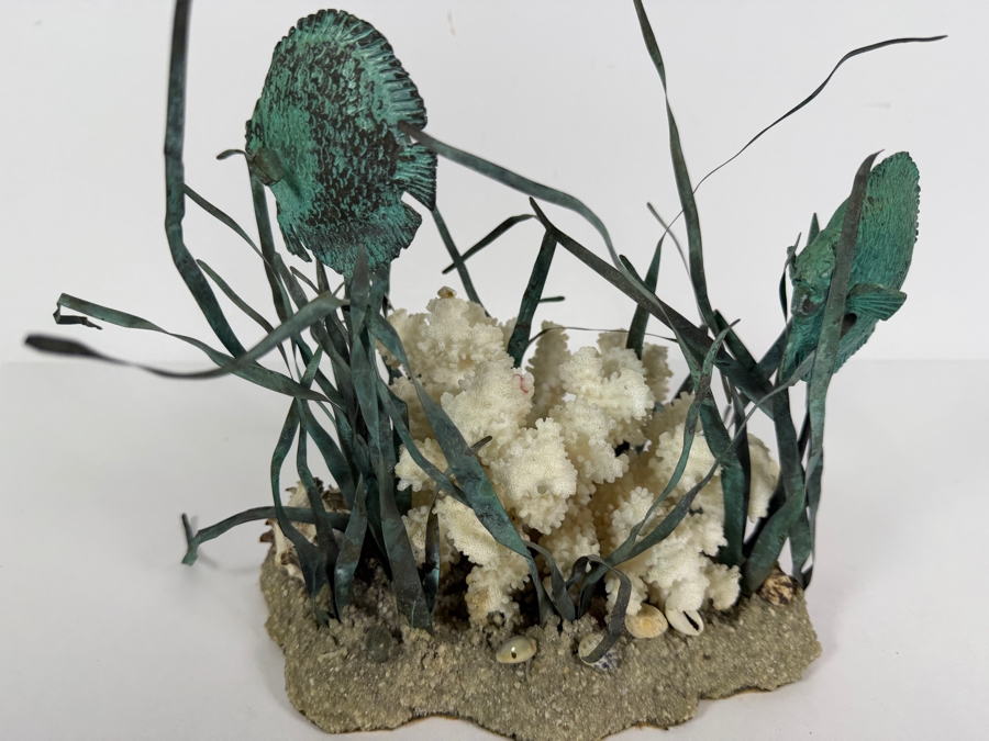 Vintage Mixed Media Patinated Copper And Brass Discus Fish Natural Coral Reef Sculpture 9' X 9' [Photo 7]