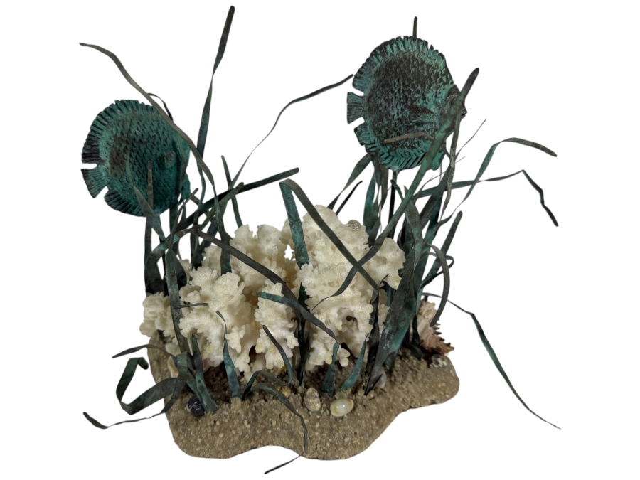 Vintage Mixed Media Patinated Copper And Brass Discus Fish Natural Coral Reef Sculpture 9' X 9'