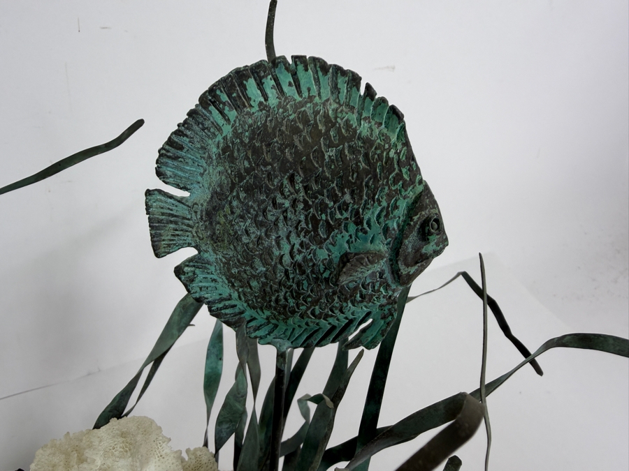 Vintage Mixed Media Patinated Copper And Brass Discus Fish Natural Coral Reef Sculpture 9' X 9' [Photo 3]