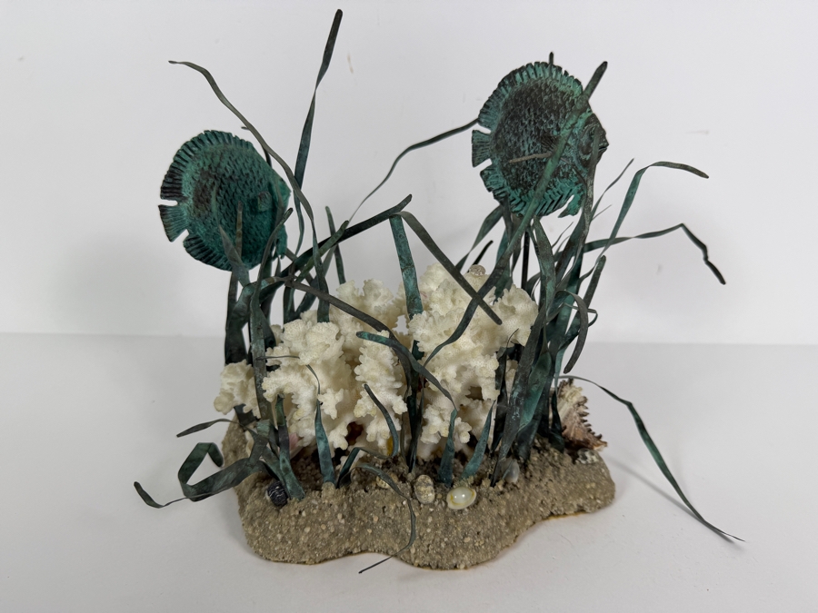 Vintage Mixed Media Patinated Copper And Brass Discus Fish Natural Coral Reef Sculpture 9' X 9' [Photo 2]