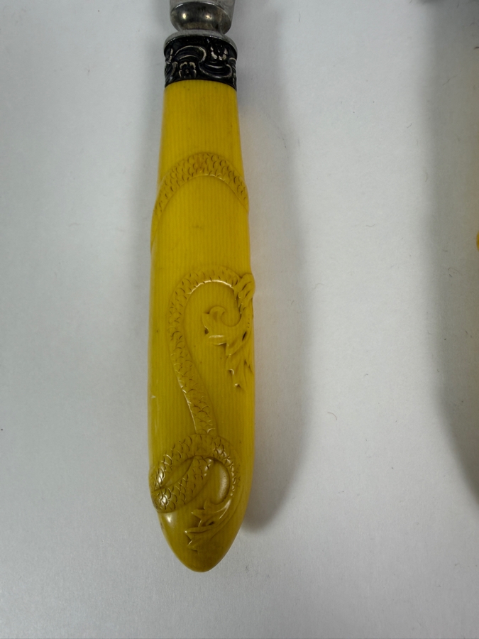 Antique Victorian Carved Yellow Celluloid Handle Griffin Dragon Meat Carving Knife And Fork Set with Sterling Silver Collar 13'L [Photo 7]