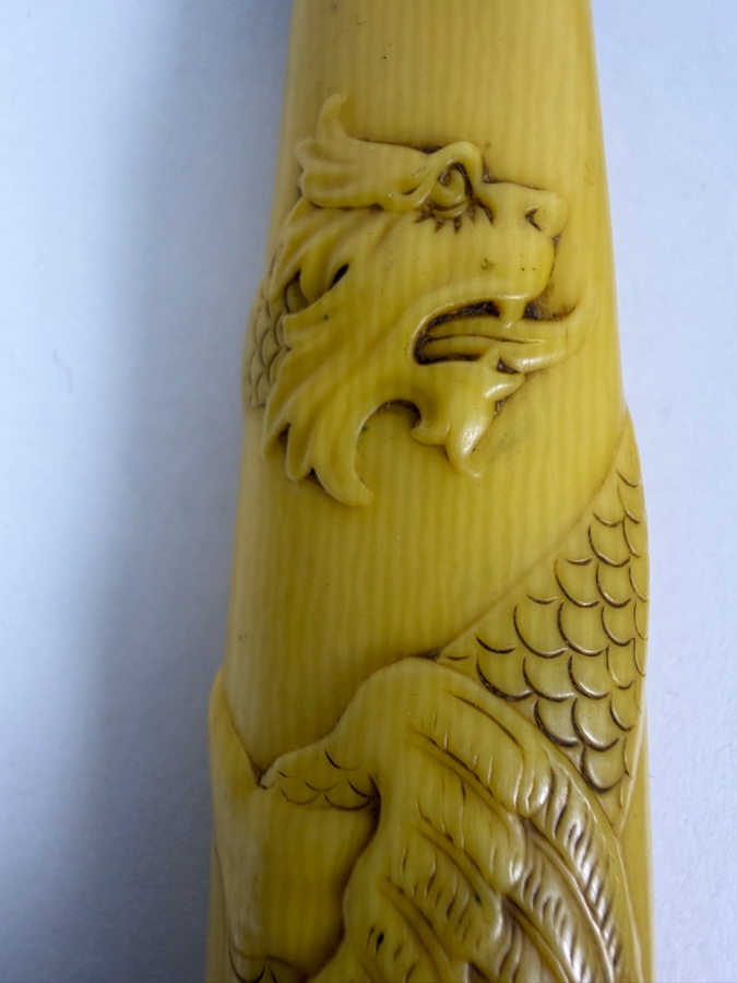 Antique Victorian Carved Yellow Celluloid Handle Griffin Dragon Meat Carving Knife And Fork Set with Sterling Silver Collar 13'L [Photo 4]