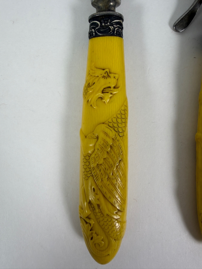 Antique Victorian Carved Yellow Celluloid Handle Griffin Dragon Meat Carving Knife And Fork Set with Sterling Silver Collar 13'L [Photo 3]