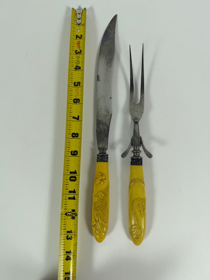 Antique Victorian Carved Yellow Celluloid Handle Griffin Dragon Meat Carving Knife And Fork Set with Sterling Silver Collar 13'L [Photo 11]