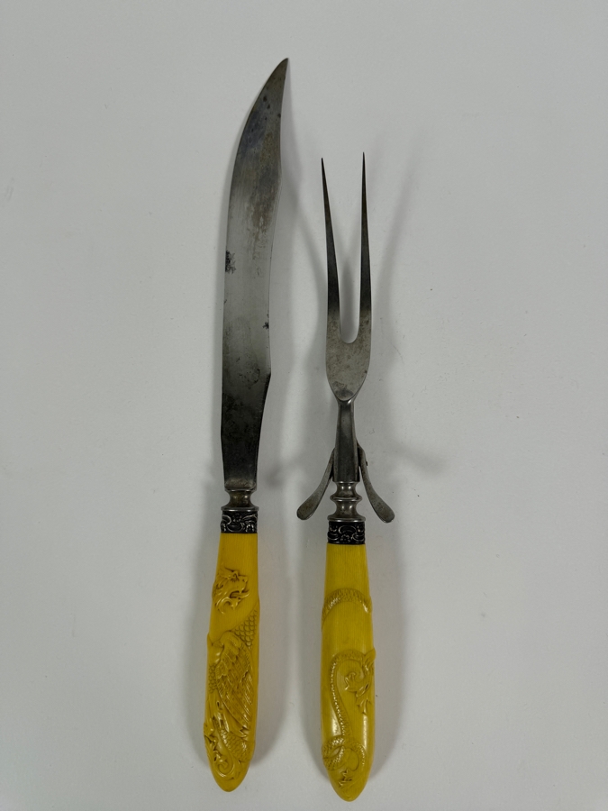 Antique Victorian Carved Yellow Celluloid Handle Griffin Dragon Meat Carving Knife And Fork Set with Sterling Silver Collar 13'L [Photo 10]