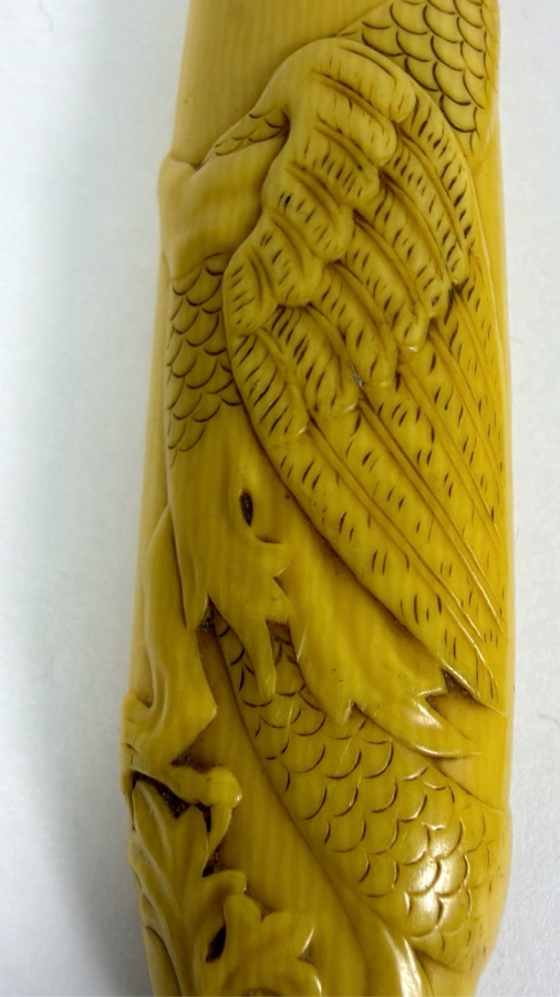 Antique Victorian Carved Yellow Celluloid Handle Griffin Dragon Meat Carving Knife And Fork Set with Sterling Silver Collar 13'L [Photo 5]