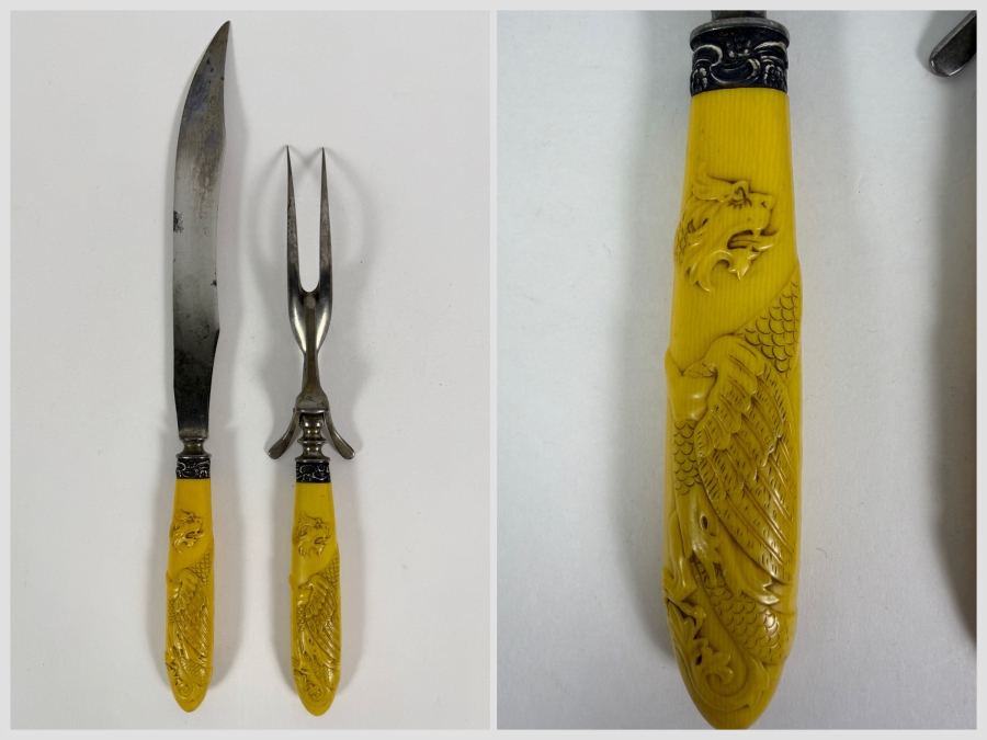 Antique Victorian Carved Yellow Celluloid Handle Griffin Dragon Meat Carving Knife And Fork Set with Sterling Silver Collar 13'L