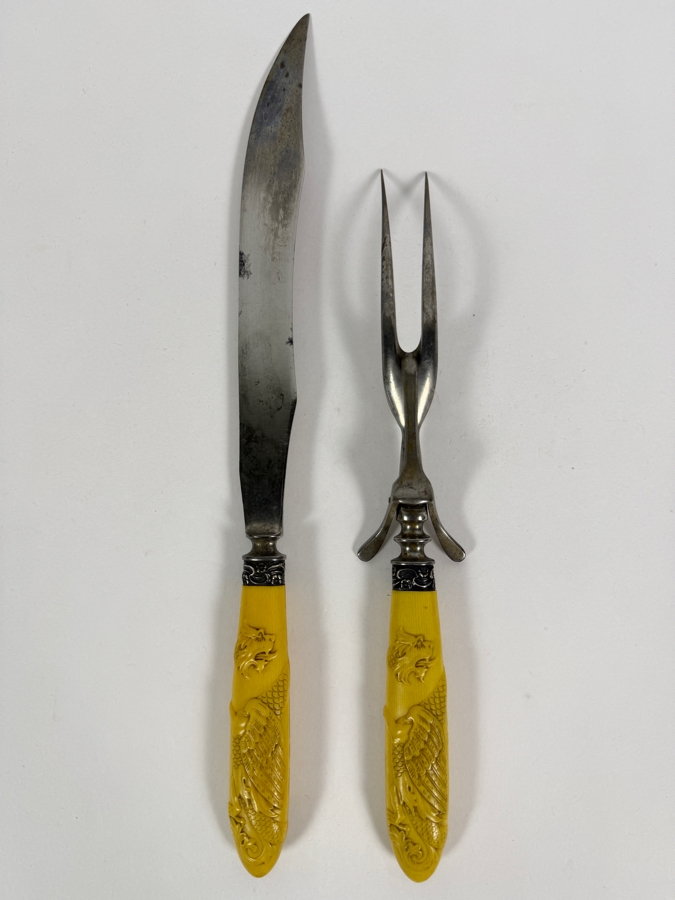 Antique Victorian Carved Yellow Celluloid Handle Griffin Dragon Meat Carving Knife And Fork Set with Sterling Silver Collar 13'L [Photo 2]