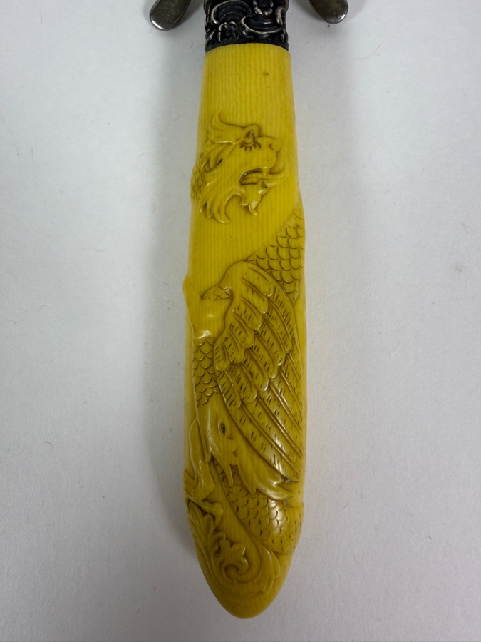 Antique Victorian Carved Yellow Celluloid Handle Griffin Dragon Meat Carving Knife And Fork Set with Sterling Silver Collar 13'L [Photo 9]