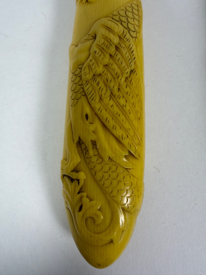 Antique Victorian Carved Yellow Celluloid Handle Griffin Dragon Meat Carving Knife And Fork Set with Sterling Silver Collar 13'L [Photo 6]