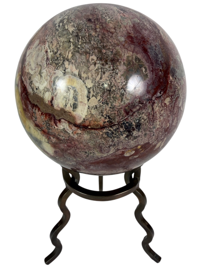 Large Polished Madagascar Ocean Jasper Polished Crystal Sphere On Metal Tripod Stand 4'W X 9'H