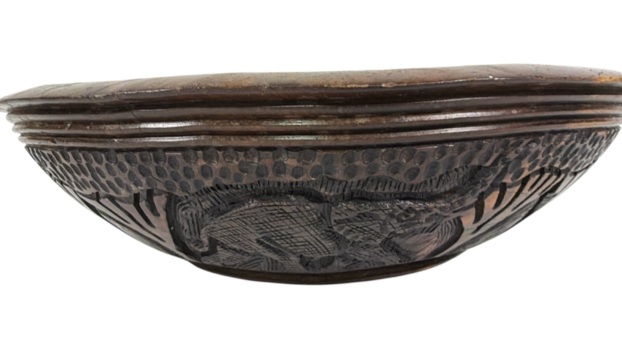 Vintage Hand Carved African Hardwood Safari Bowl Featuring Relief Wildlife Motifs 12'W X4'H