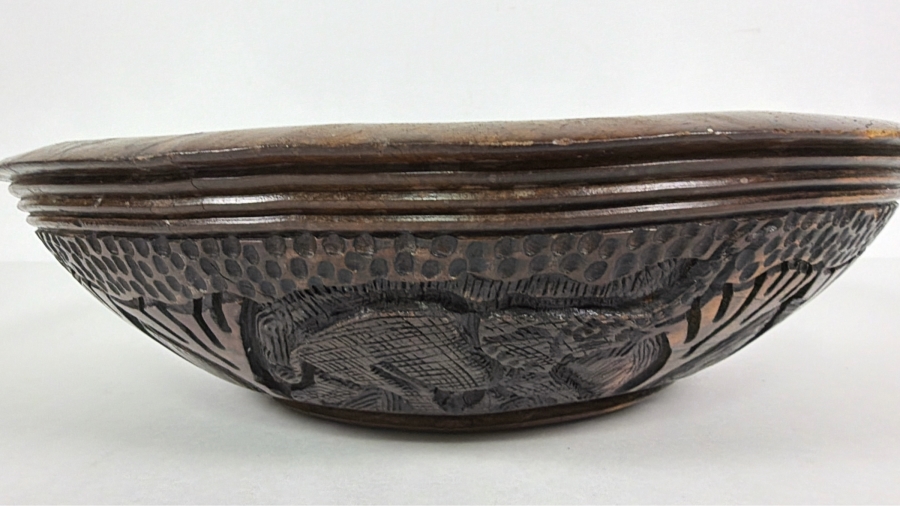 Vintage Hand Carved African Hardwood Safari Bowl Featuring Relief Wildlife Motifs 12'W X4'H [Photo 2]