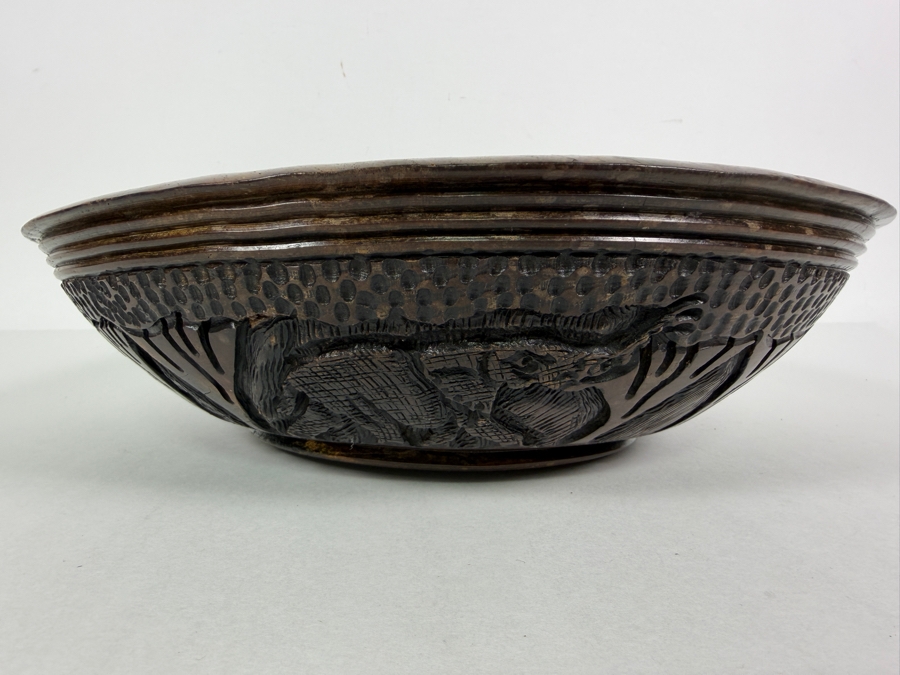 Vintage Hand Carved African Hardwood Safari Bowl Featuring Relief Wildlife Motifs 12'W X4'H [Photo 7]