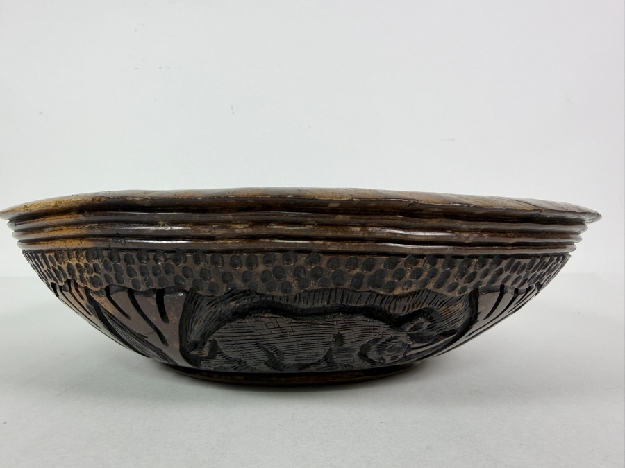 Vintage Hand Carved African Hardwood Safari Bowl Featuring Relief Wildlife Motifs 12'W X4'H [Photo 4]
