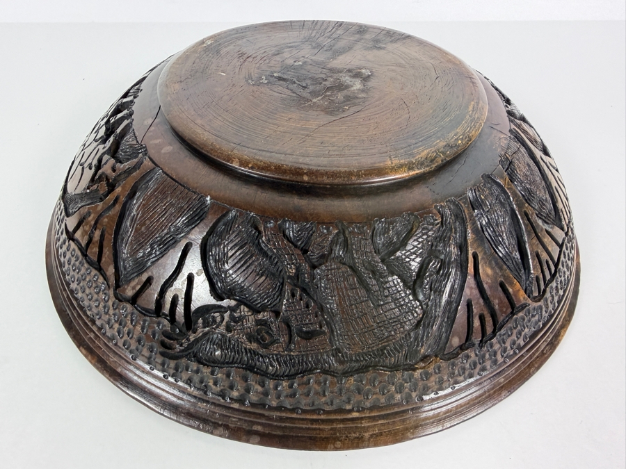 Vintage Hand Carved African Hardwood Safari Bowl Featuring Relief Wildlife Motifs 12'W X4'H [Photo 3]