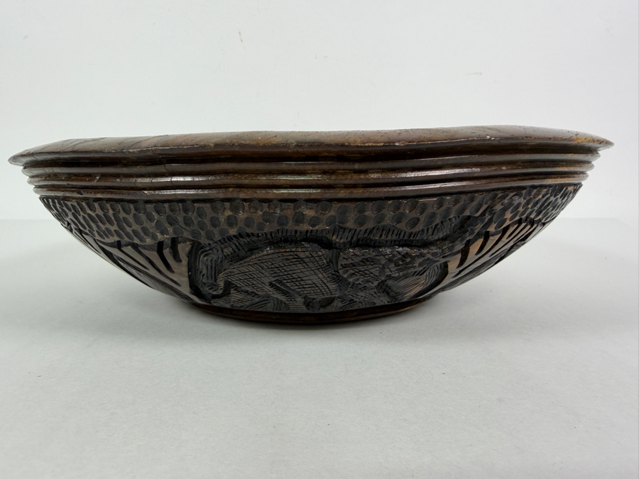 Vintage Hand Carved African Hardwood Safari Bowl Featuring Relief Wildlife Motifs 12'W X4'H [Photo 5]