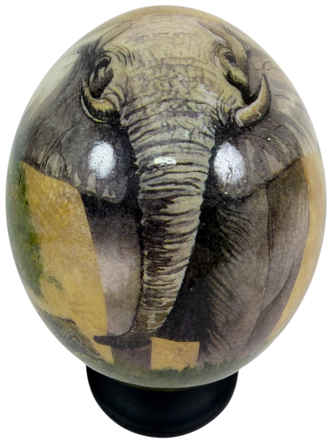 Decoupage African Ostrich Egg Shell Featuring Detailed Wildlife Elephant Motif On Stand 6.5'H