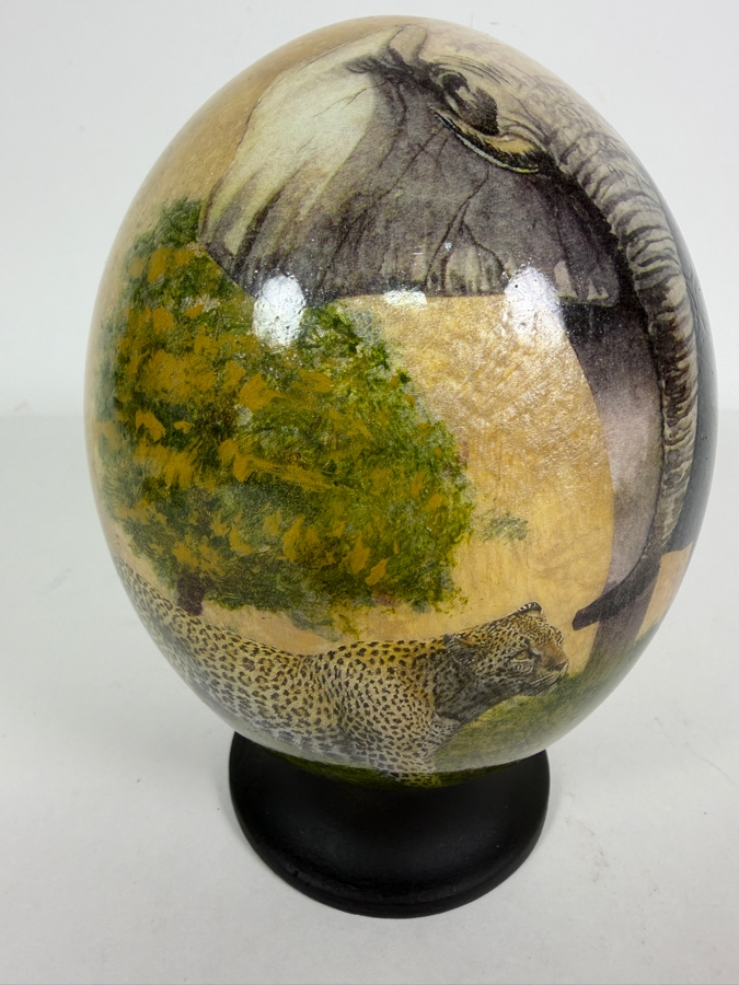 Decoupage African Ostrich Egg Shell Featuring Detailed Wildlife Elephant Motif On Stand 6.5'H [Photo 2]