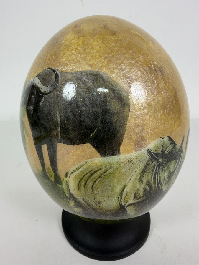 Decoupage African Ostrich Egg Shell Featuring Detailed Wildlife Elephant Motif On Stand 6.5'H [Photo 3]