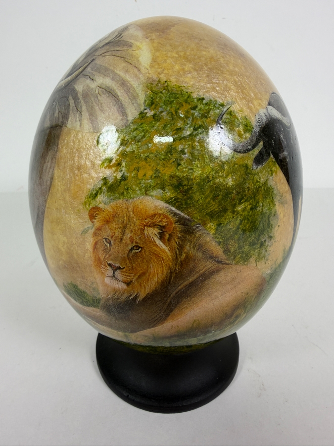 Decoupage African Ostrich Egg Shell Featuring Detailed Wildlife Elephant Motif On Stand 6.5'H [Photo 4]