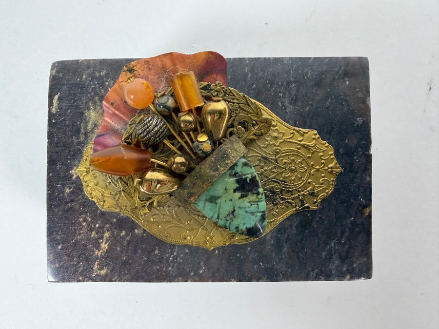 Vintage Jo Marz Alabaster Trinket Box With Ornate Brass Filigree Gemstone Flower Bouquet Motif 3'W X 2'D X1.5'H [Photo 2]