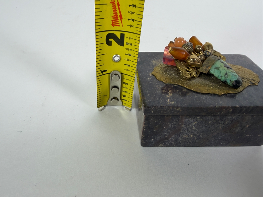 Vintage Jo Marz Alabaster Trinket Box With Ornate Brass Filigree Gemstone Flower Bouquet Motif 3'W X 2'D X1.5'H [Photo 11]