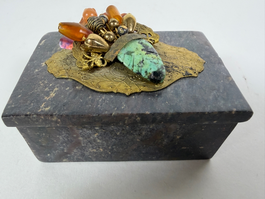 Vintage Jo Marz Alabaster Trinket Box With Ornate Brass Filigree Gemstone Flower Bouquet Motif 3'W X 2'D X1.5'H [Photo 4]