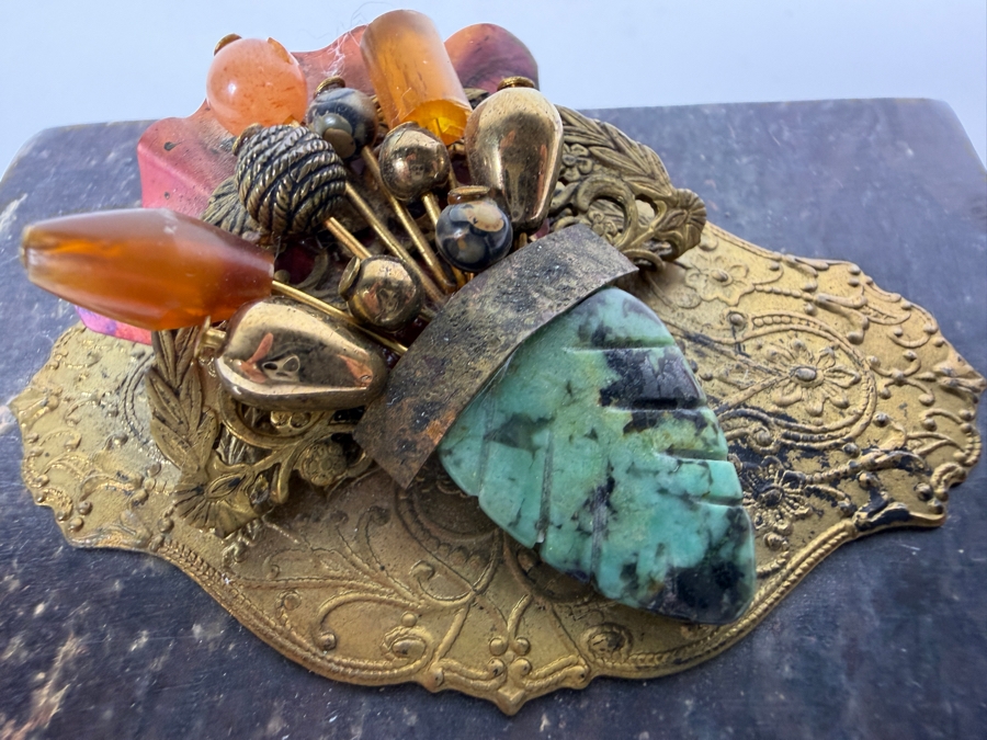 Vintage Jo Marz Alabaster Trinket Box With Ornate Brass Filigree Gemstone Flower Bouquet Motif 3'W X 2'D X1.5'H [Photo 5]