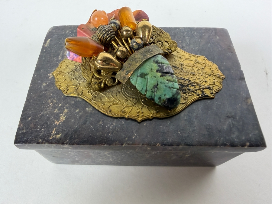 Vintage Jo Marz Alabaster Trinket Box With Ornate Brass Filigree Gemstone Flower Bouquet Motif 3'W X 2'D X1.5'H [Photo 3]