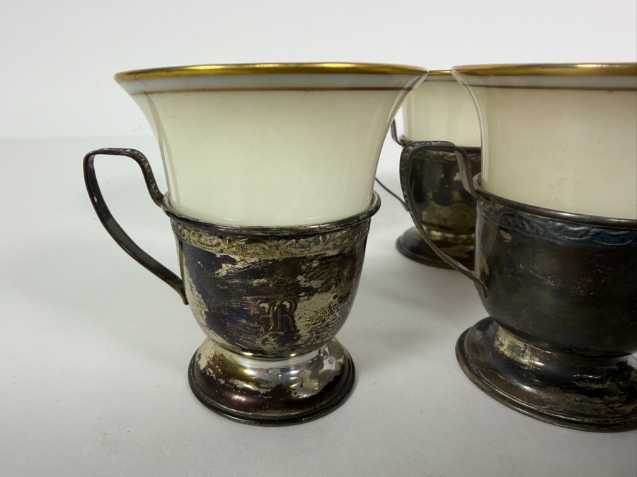 Vintage Sterling Silver Holders / Porcelain Demitasse Cups 2 5/8'H 88.5g Sterling Silver Weight (Silver Melt Value $171) [Photo 4]