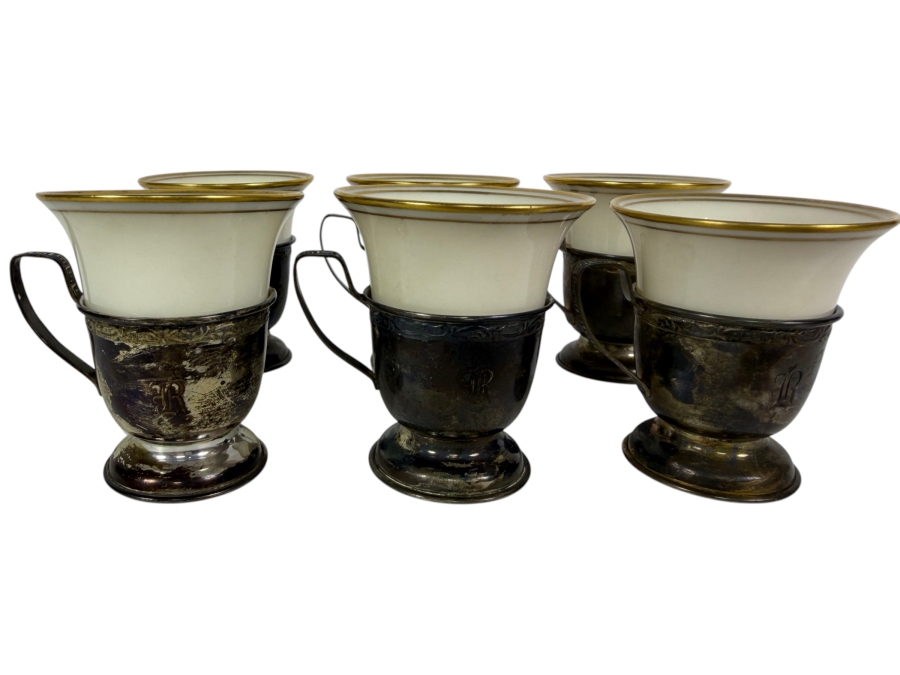 Vintage Sterling Silver Holders / Porcelain Demitasse Cups 2 5/8'H 88.5g Sterling Silver Weight (Silver Melt Value $171)