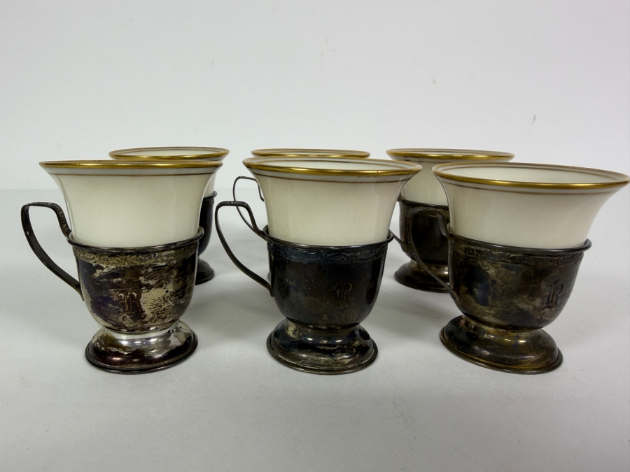 Vintage Sterling Silver Holders / Porcelain Demitasse Cups 2 5/8'H 88.5g Sterling Silver Weight (Silver Melt Value $171) [Photo 2]