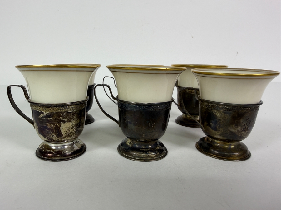 Vintage Sterling Silver Holders / Porcelain Demitasse Cups 2 5/8'H 88.5g Sterling Silver Weight (Silver Melt Value $171) [Photo 3]