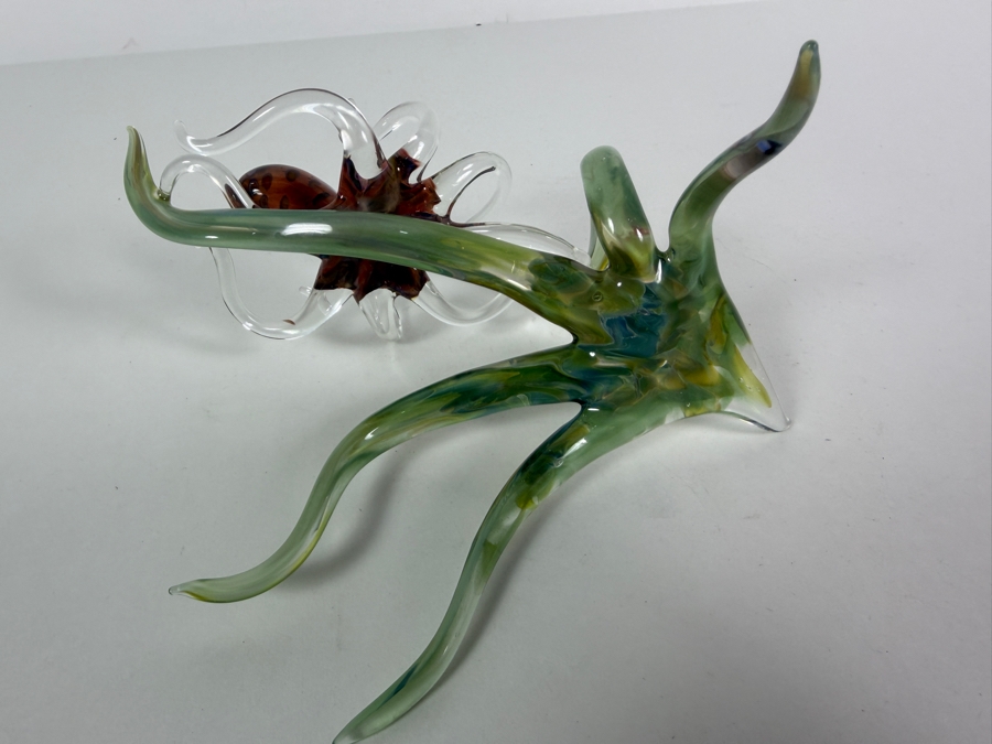 Hand Blown Art Glass Octopus Sculpture With Translucent Tentacles And Green Base 6'W X 5.25'H [Photo 6]