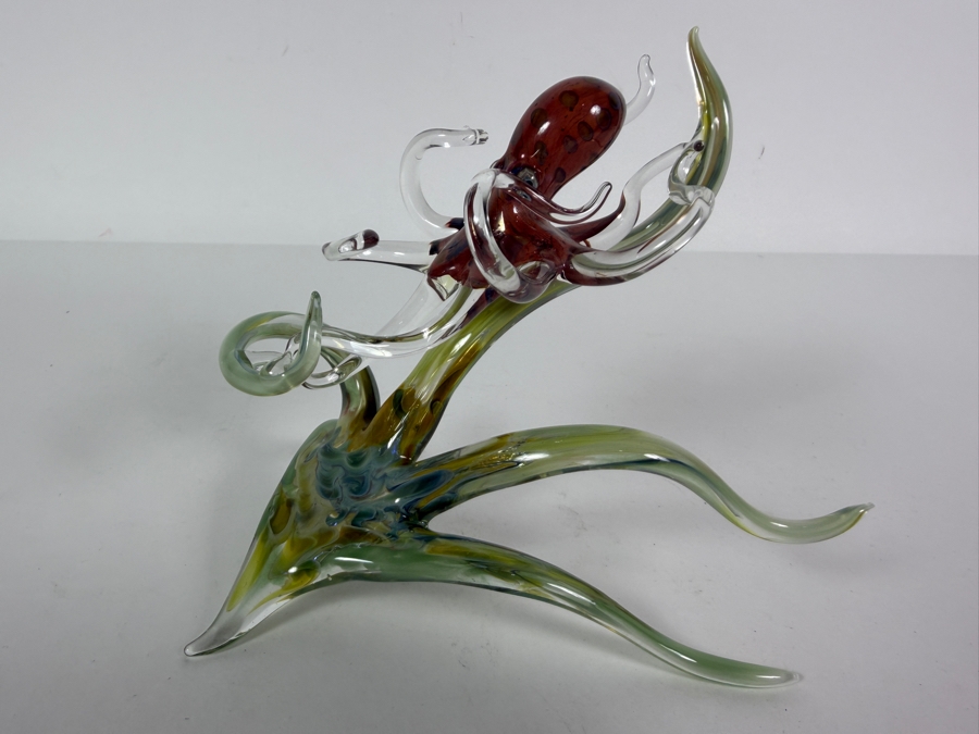 Hand Blown Art Glass Octopus Sculpture With Translucent Tentacles And Green Base 6'W X 5.25'H [Photo 4]