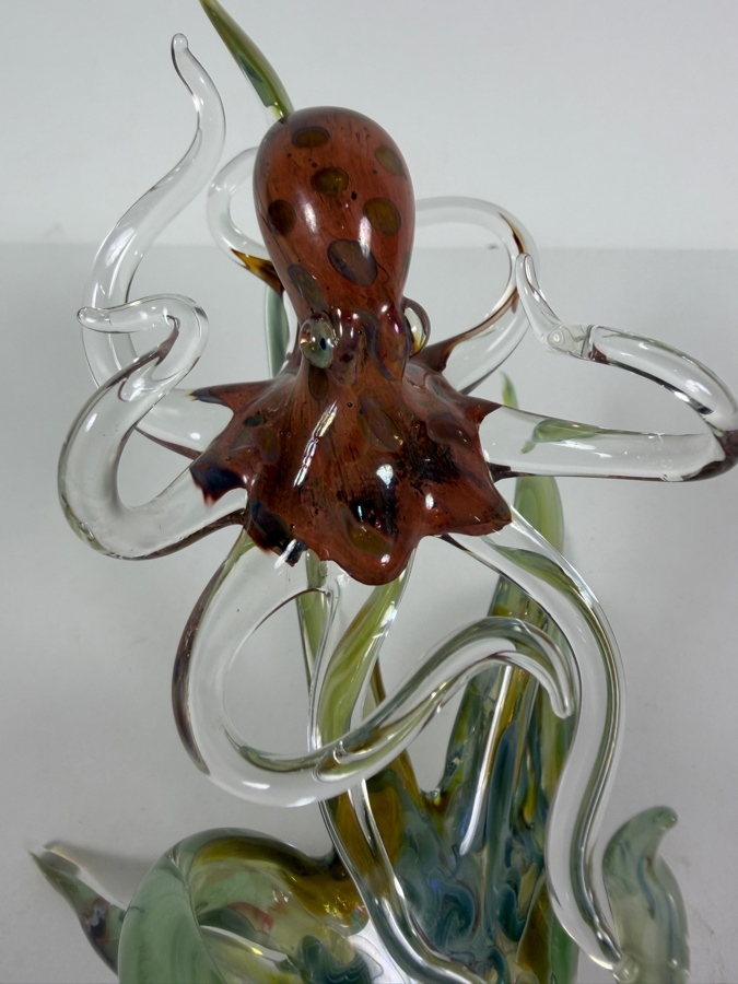 Hand Blown Art Glass Octopus Sculpture With Translucent Tentacles And Green Base 6'W X 5.25'H [Photo 3]