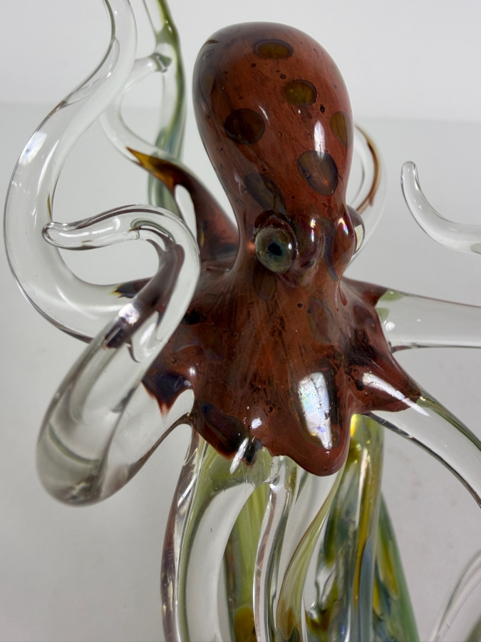 Hand Blown Art Glass Octopus Sculpture With Translucent Tentacles And Green Base 6'W X 5.25'H [Photo 7]