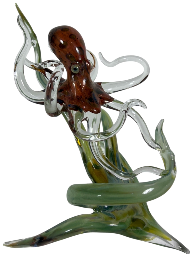 Hand Blown Art Glass Octopus Sculpture With Translucent Tentacles And Green Base 6'W X 5.25'H