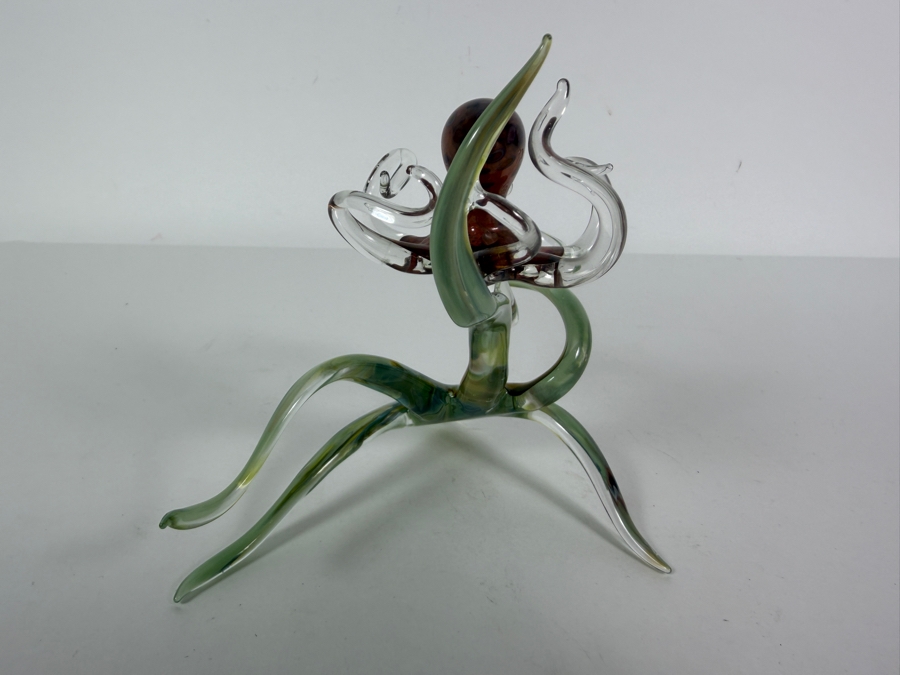 Hand Blown Art Glass Octopus Sculpture With Translucent Tentacles And Green Base 6'W X 5.25'H [Photo 5]