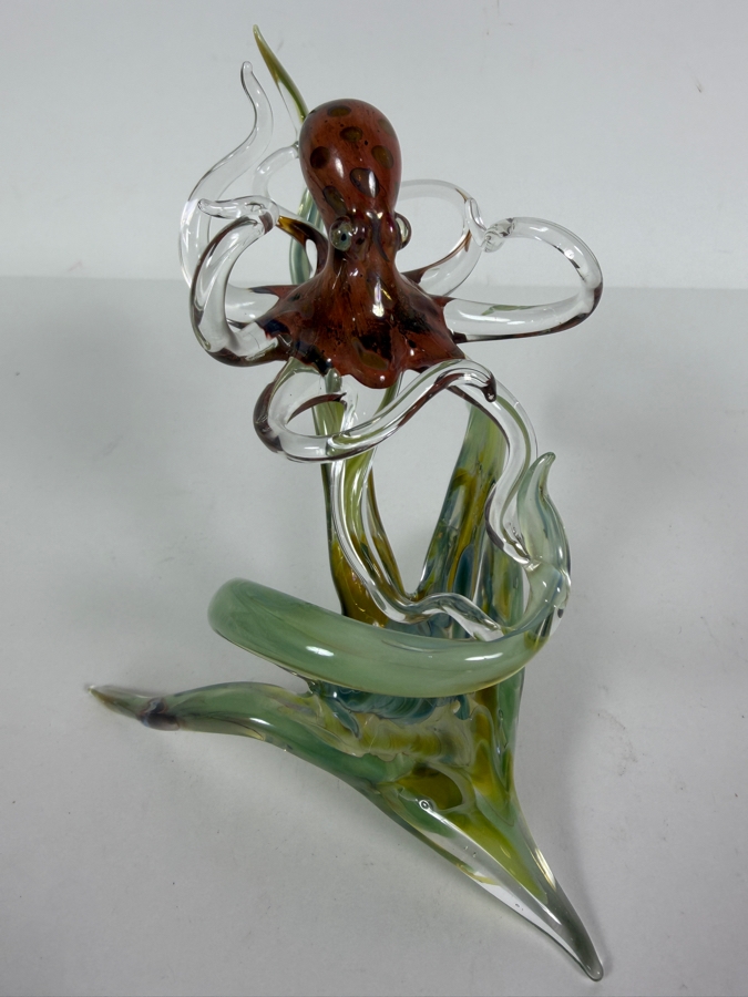Hand Blown Art Glass Octopus Sculpture With Translucent Tentacles And Green Base 6'W X 5.25'H [Photo 2]