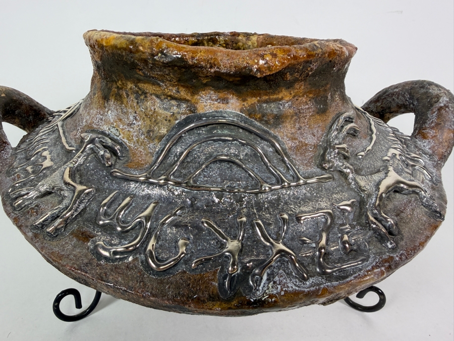Vintage Domar Ltd Sterling Silver Overlay Iron Age II Replica Pottery Vase 12'W X 6.75'H [Photo 3]