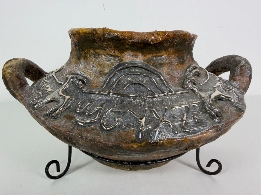 Vintage Domar Ltd Sterling Silver Overlay Iron Age II Replica Pottery Vase 12'W X 6.75'H [Photo 2]